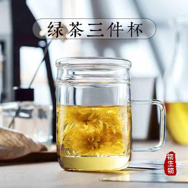 物生物(RELEA)三件套玻璃杯男女士办公室绿茶杯几何杯君子杯水杯花茶杯泡茶杯带盖加厚带过 绿茶杯380ml