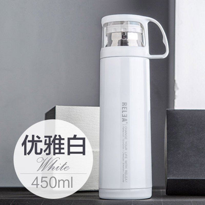 物生物(RELEA)保温杯男女士学生儿童直身泡茶杯450ml不锈钢壶创意可爱水杯子 优雅白