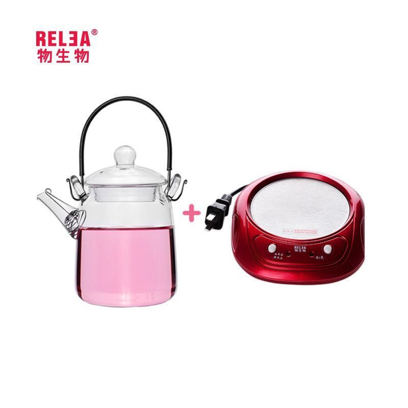 物生物(RELEA)耐高温玻璃茶壶耐热玻璃过滤茶具花茶壶套装恒温宝60° 红色套装