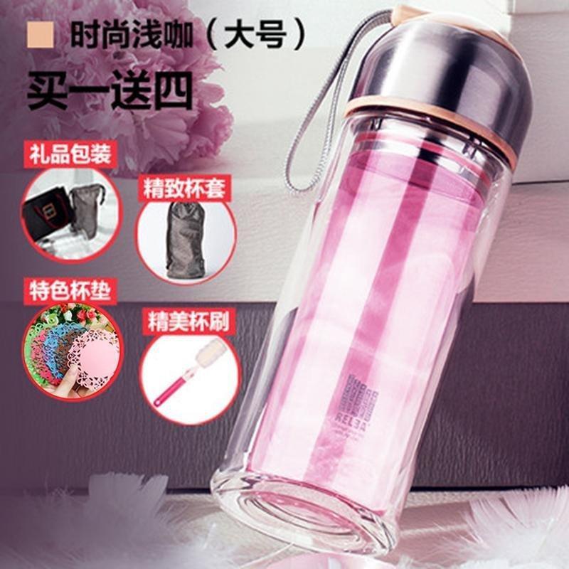 物生物（RELEA）双层玻璃水杯情侣杯子不保温创意带盖过滤茶杯便携水晶杯随手杯送女友 大号咖色