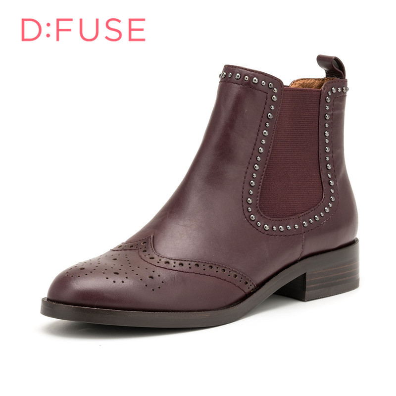 迪芙斯D:FUSE牛皮尖头低跟套脚铆钉深口女鞋DF64117205 酒红色 35