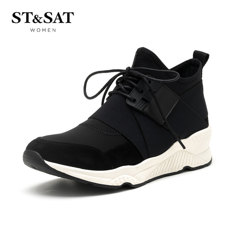 星期六ST&SAT绒面羊皮圆头中跟系带交叉绑带深口女鞋SS64117502 黑色 37