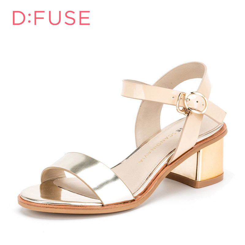 D：Fuse/迪芙斯牛漆皮露趾粗跟色拼接舒适女鞋凉鞋DF62111103 21金色 34