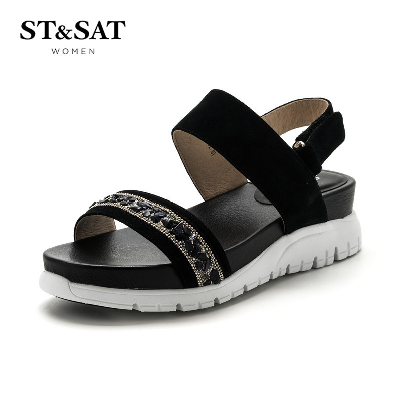 St&Sat/星期六羊反绒水钻一字带舒适女凉鞋SS72115599 黑色 37