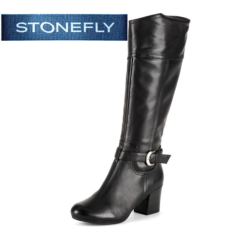 斯通富来STONEFLY专柜黑色长靴牛皮纯色粗跟女鞋SD44117119 黑色 37
