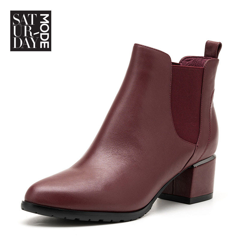SATURDAYMODE牛皮革粗跟圆头休闲短靴MD64116108 深红色 35