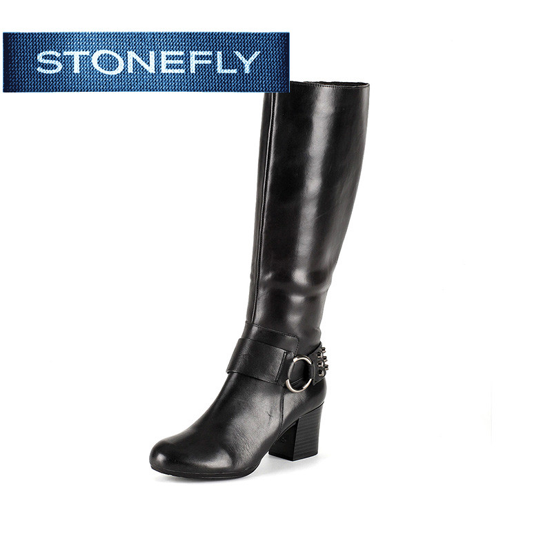 斯通富来STONEFLY冬季牛皮革皮带扣高跟休闲长靴女鞋SD44117074 黑色 37