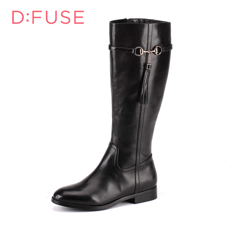 D：Fuse/迪芙斯冬季新款牛皮流苏金属低跟长靴女鞋DF54116036_vYq07 10黑色 35