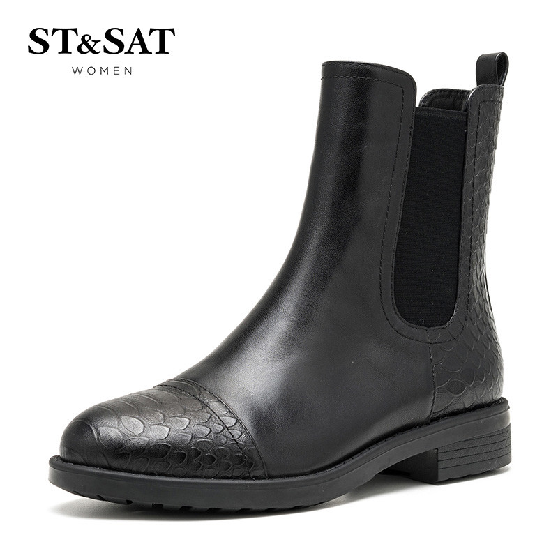 St&Sat/星期六冬季新款牛皮拼接蛇纹圆头短靴女鞋SS64117122 10黑色 35