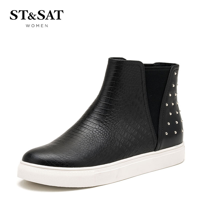 St&Sat/星期六冬切尔西短靴女圆头铆钉时尚女靴子SS64117251 10黑色 35