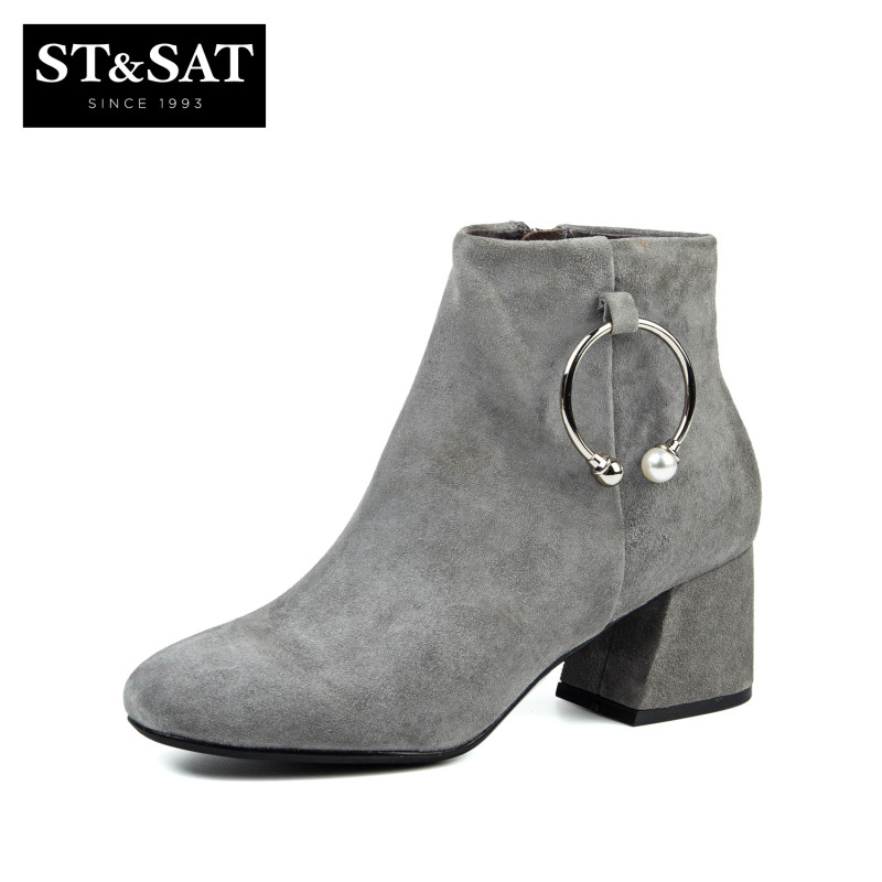 星期六ST&SAT冬短靴女羊反绒圆头粗高跟女靴SS74116710 80灰色 39