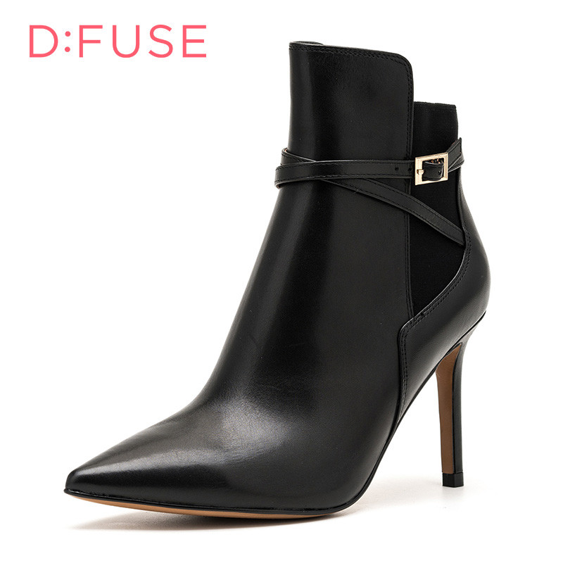 D:Fuse/迪芙斯短靴秋冬牛皮尖头个性皮带扣细高跟女鞋DF64117220_cWT21 10黑色 39
