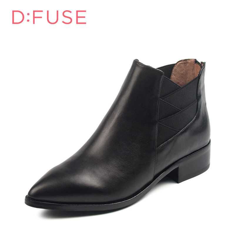 D：Fuse/迪芙斯切尔西短靴女秋冬牛皮尖头低跟女鞋DF64117076 10黑色 35
