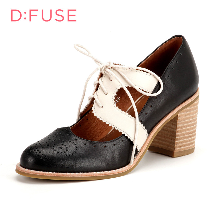 迪芙斯D:FUSE牛皮尖圆头高跟系带镂空单鞋女DF61113103 黑色 34