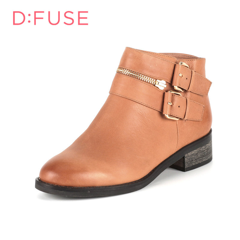 迪芙斯D:FUSE牛皮尖头低跟拉链皮带扣深口女鞋DF54115504 浅棕色 39