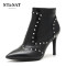 St&Sat/星期六冬新款牛皮尖头金属铆钉高跟短靴女靴子SS64117054 10黑色 35