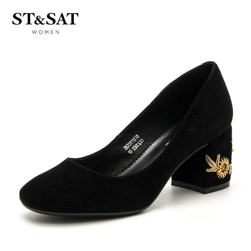 St&Sat/星期六商场同款羊反绒粗跟单鞋女鞋SS73111278 10黑色 39