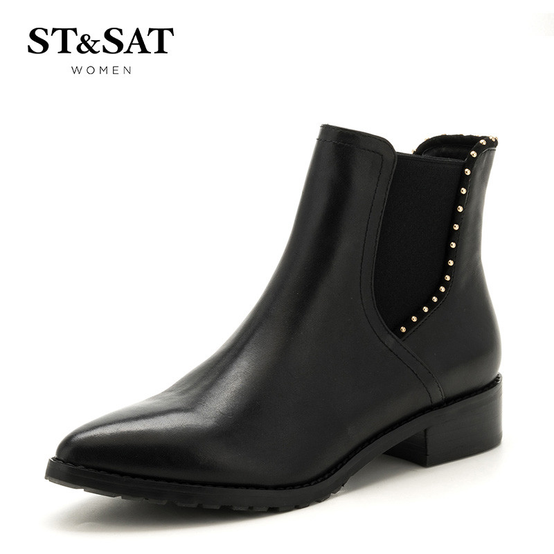 St&Sat/星期六冬新款切尔西短靴女牛皮尖头铆钉女靴子SS64117071 10黑色 39