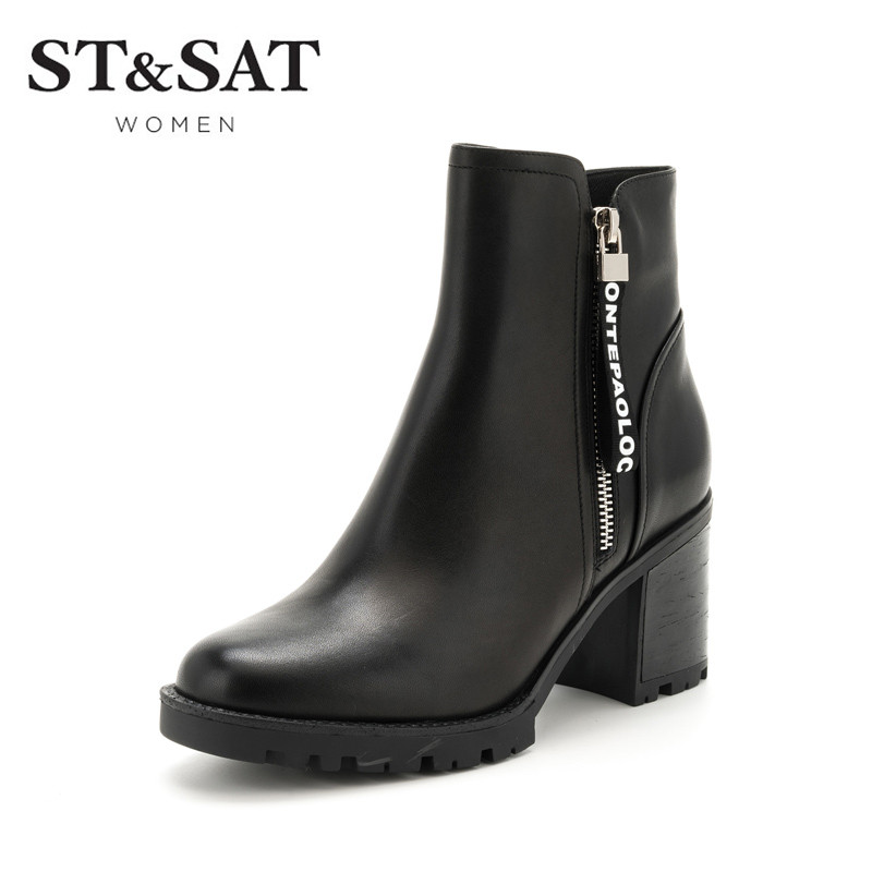 St&Sat/星期六冬季牛皮革圆头粗跟短靴女靴子SS74116541 10黑色 35