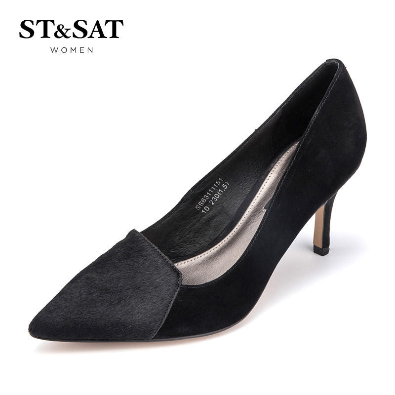 St&Sat/星期六春季新款羊皮尖头高跟复古浅口单鞋女鞋SS63111151 10黑色 39