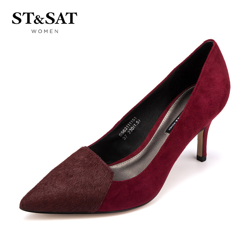 St&Sat/星期六春季新款羊皮尖头高跟复古浅口单鞋女鞋SS63111151 37酒红 36