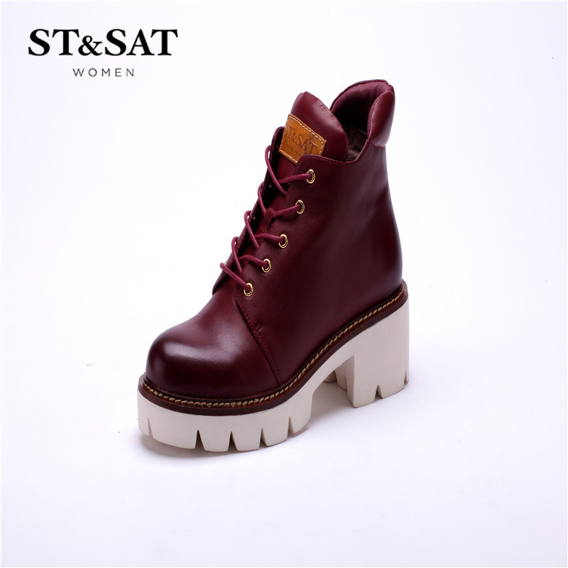 星期六ST&SAT牛皮圆头高跟系带纯色女靴SS54112983 酒红色 38