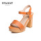 St&Sat/星期六夏季一字带铆钉粗高跟女鞋凉鞋SS62118133 桔色 36