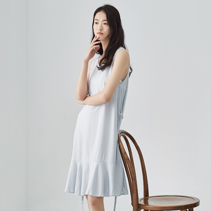 顶瓜瓜睡裙女夏 纯色无袖清凉系带夏季长裙 透气轻薄简约家居服裙 165(L) 蓝色