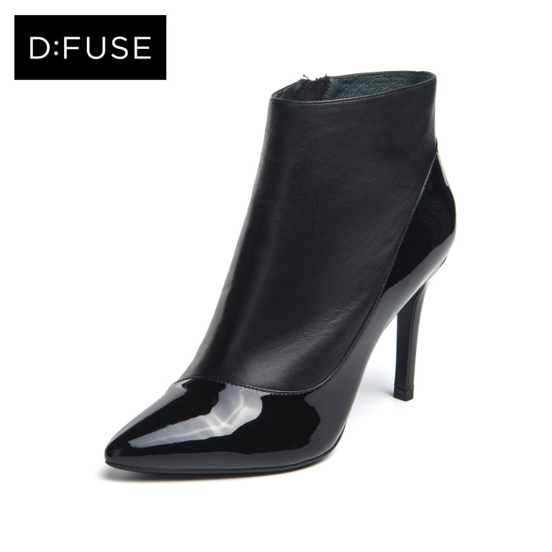 D：Fuse/迪芙斯冬新款牛皮尖头高跟通勤短靴女鞋DF64117364_DQB17 10黑色 39