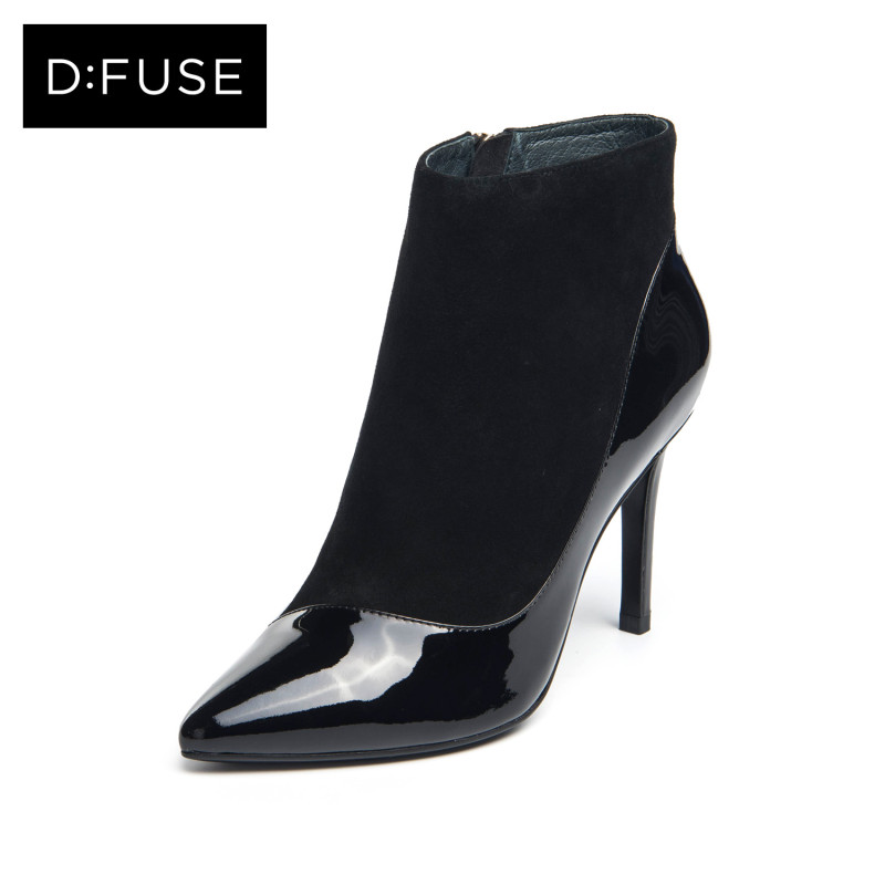 D：Fuse/迪芙斯冬新款牛皮尖头高跟通勤短靴女鞋DF64117364_DQB17 11黑色 35