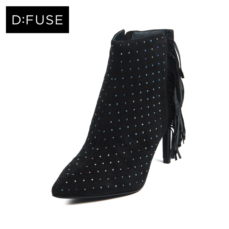 D：Fuse/迪芙斯短靴冬款羊反绒尖头流苏高跟女鞋DF64117060_ImQ78 10黑色 39