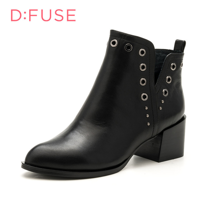 D：FUSE/迪芙斯简约时尚粗跟舒适欧美牛皮女短靴DF7311605 黑色 37