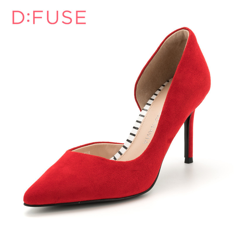 D：Fuse/迪芙斯羊反绒尖头性感高跟单鞋DF81114139 红色 34