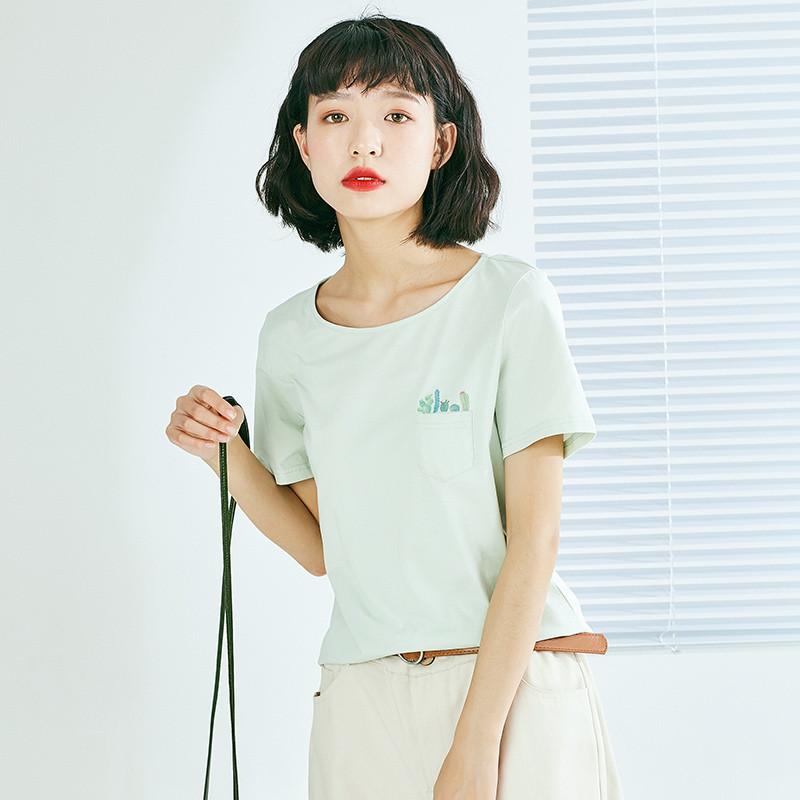 素缕夏装2018新款女装文艺舒适合体印花短袖打底T恤女SV8213竸_pYE11 L 浅绿