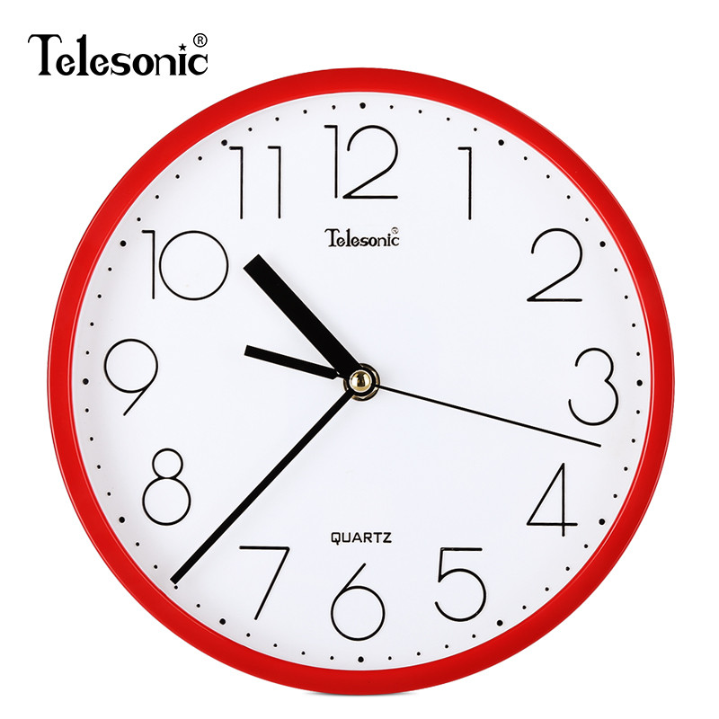 TELESONIC/天王星挂钟 现代简约卧室钟表 圆形客厅时钟静音装饰石英钟 静音扫秒机芯时尚北欧风 9英寸红色【直径23厘米】静音机芯+365天质保