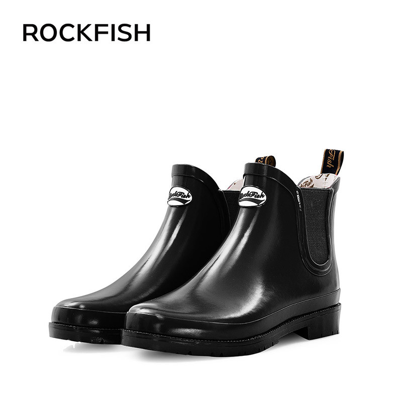 Rockfish英国防水短筒时尚女雨鞋防滑中筒橡胶低帮亮光切尔西雨靴_toO32 亮光黑 40