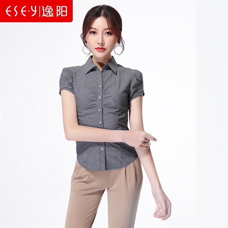 2018夏季新款修身黑色灰色显瘦ol职业打底短袖衬衫T恤女清仓0060_2 M 灰条