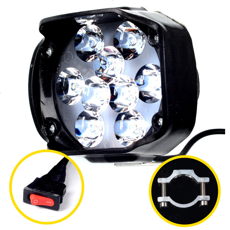 电动车灯摩托车外置LED改装超亮强光射灯泡12V-80V激光炮LED大灯 九珠狼眼王+支架+开关