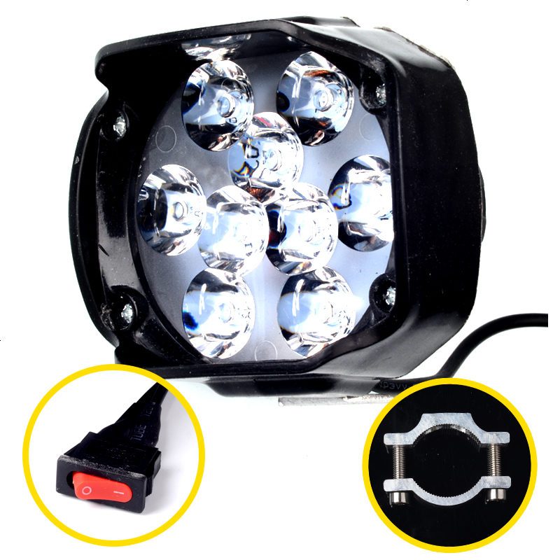 摩托车LED大灯改装超亮12V48V60V72V内置强光射灯远近光大灯泡 狼眼九珠+支架+开关