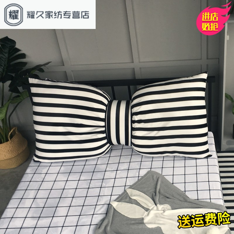 永德吉韩式黑白简约大号沙抱枕床头护腰靠背水晶绒公主蝴蝶结靠垫 150*70cm/10斤 经典条纹