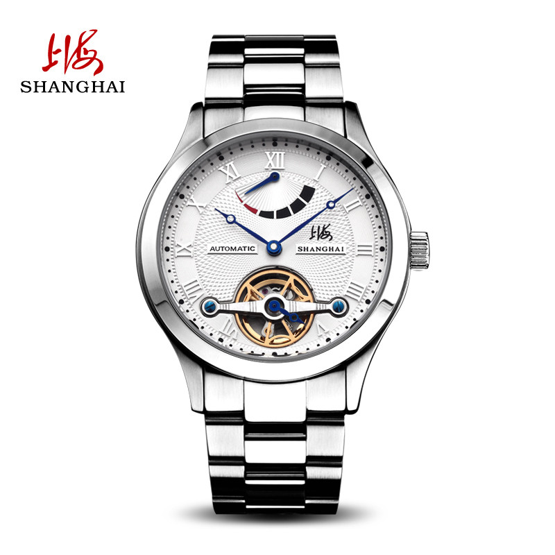 上海手表SHANGHAI全自动镂空机械表男表 钢带透底能量显示飞轮品质男士机械表0551