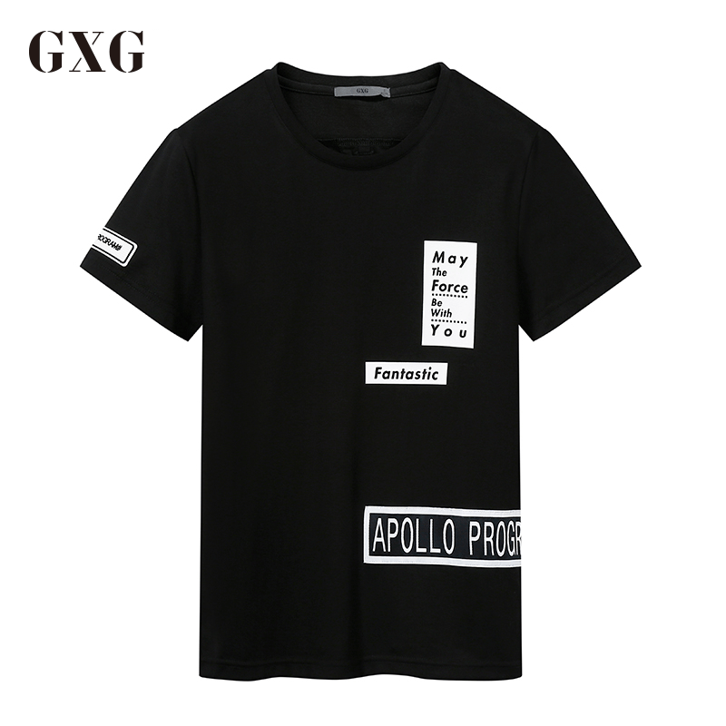 GXG短袖T恤男装夏季男士青年时尚休闲都市流行黑色圆领短袖T恤男 185/XXL 黑色