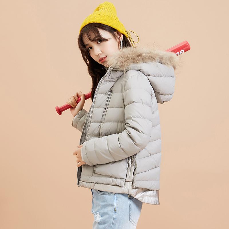 【反季特价】美特斯邦威羽绒服女秋冬装毛领净色可爱连帽短款外套韩版学生潮_1 XXL:175/96A 603036灰色【1】