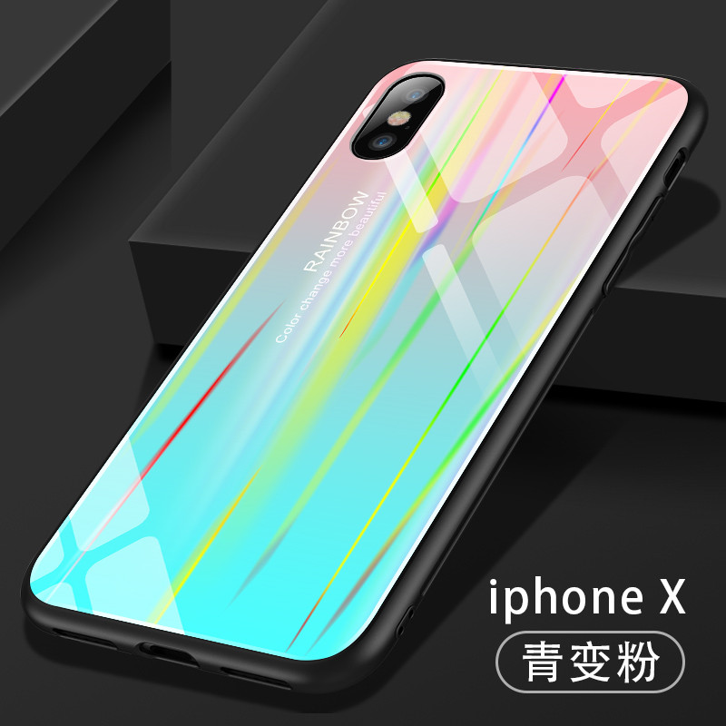 机伴 苹果iphone8plus/7Plus手机壳苹果6/6splus苹果X新款TPU镭射极光渐变钢化玻璃手机壳/保护套 苹果X-青变粉