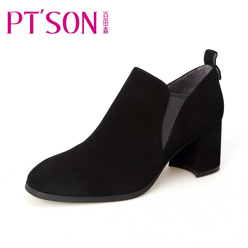 PTSON/百田森2018秋季新款磨砂粗跟单鞋女高跟及踝靴百搭时尚女鞋_1 黑色 37