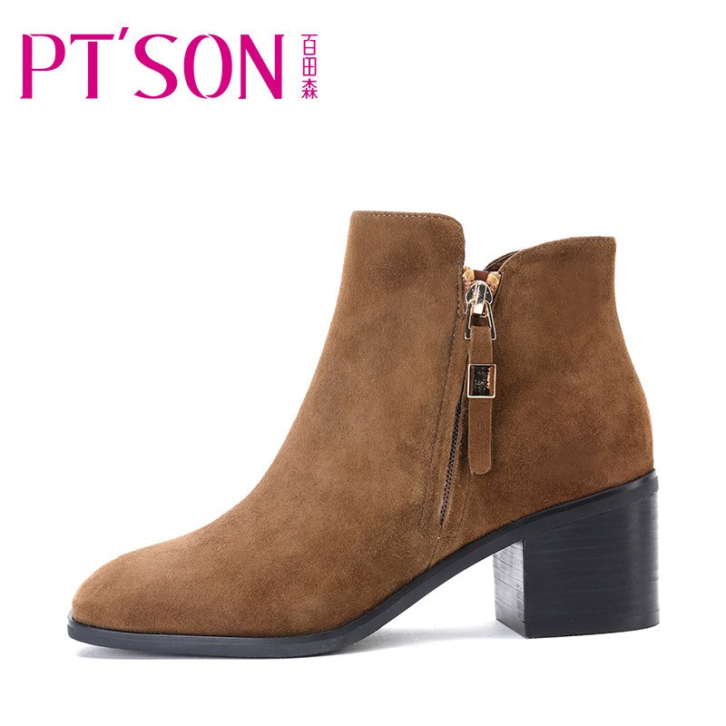 PTSON/百田森冬季短靴女粗跟中跟方头双拉链真皮女靴裸靴 咖啡色 34