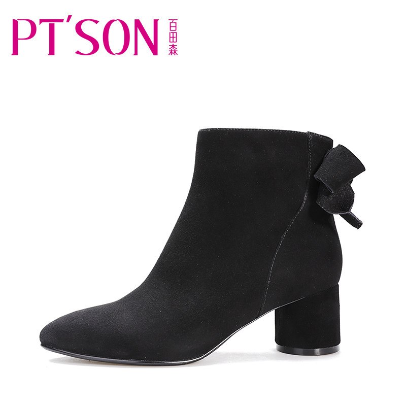PTSON/百田森女鞋秋冬短靴气质蝴蝶结绒面粗跟尖头女靴子 黑色 37