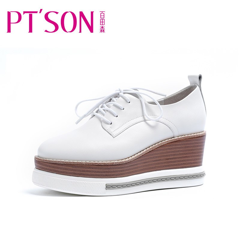 PTSON/百田森春秋头层真皮厚底增高平跟松糕鞋女鞋系带皮鞋 白色 39