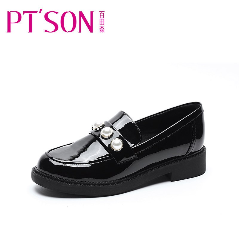 PTSON/百田森春秋女鞋英伦风乐福鞋漆皮厚底单鞋女鞋百搭小皮鞋 黑色 36