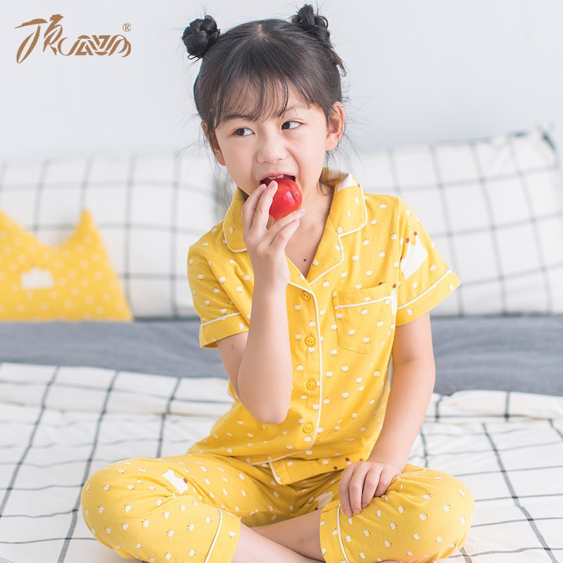 顶瓜瓜(dingguagua)儿童睡衣纯棉印花男童女童同款短袖翻领薄款家居服套装2018春夏新款6084 黄_fTD78 120cm 黄色
